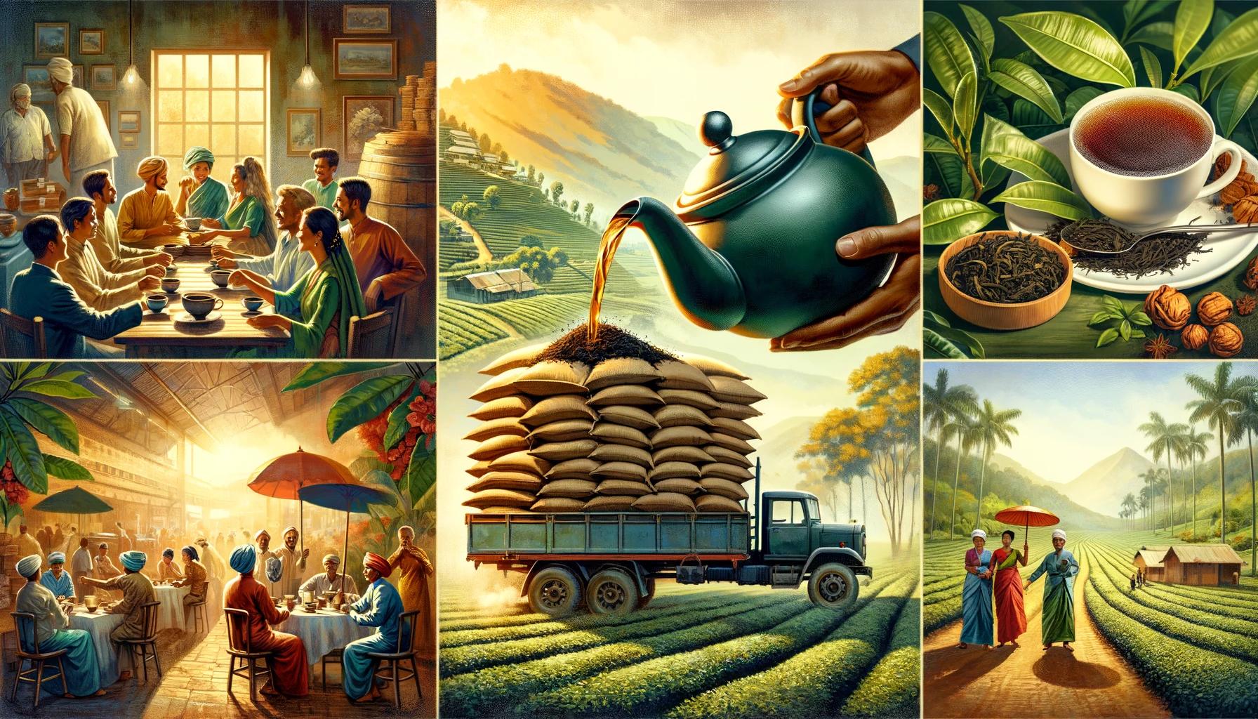Here is the image illustrating the significance of tea, featuring a collage of a teapot pouring tea, a tea gathering, and a tea trade scene, all set against the backdrop of tea plantations. 